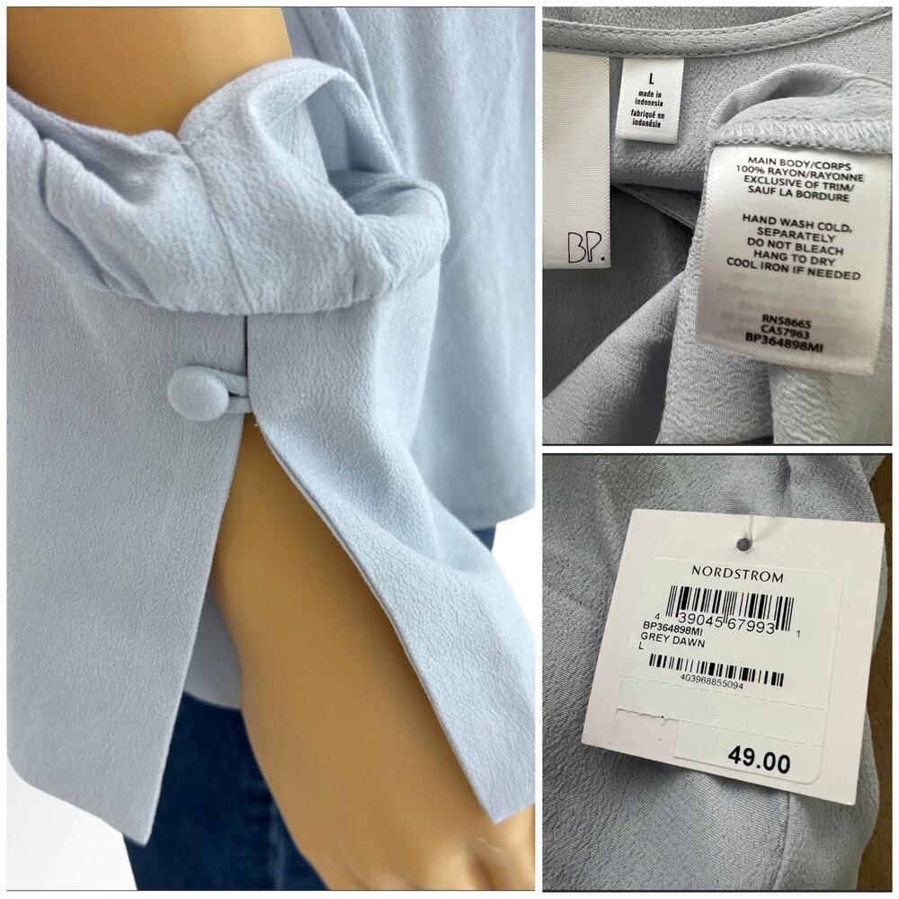 BP Brass Plum LARGE NWT Gray Top Blouse Long Split Sleeve V Neck - Picture 9 of 9